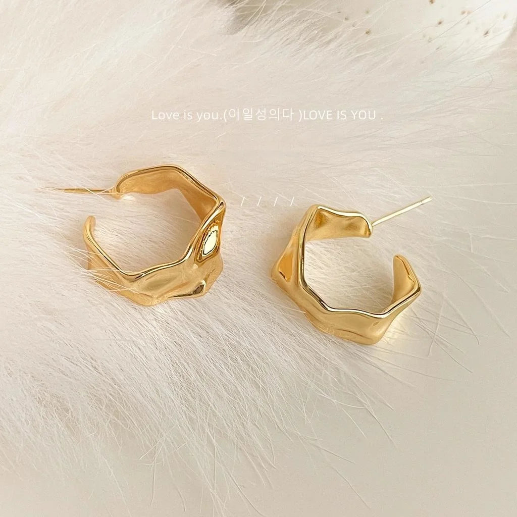 European American Geometric Copper Hoop Earrings Hollow Square Irregular Crinkle Metal Design