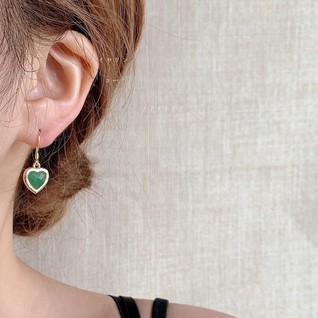 Vintage Green Glass Crystal Heart Drop Earrings Copper French Elegant Retro Jewelry