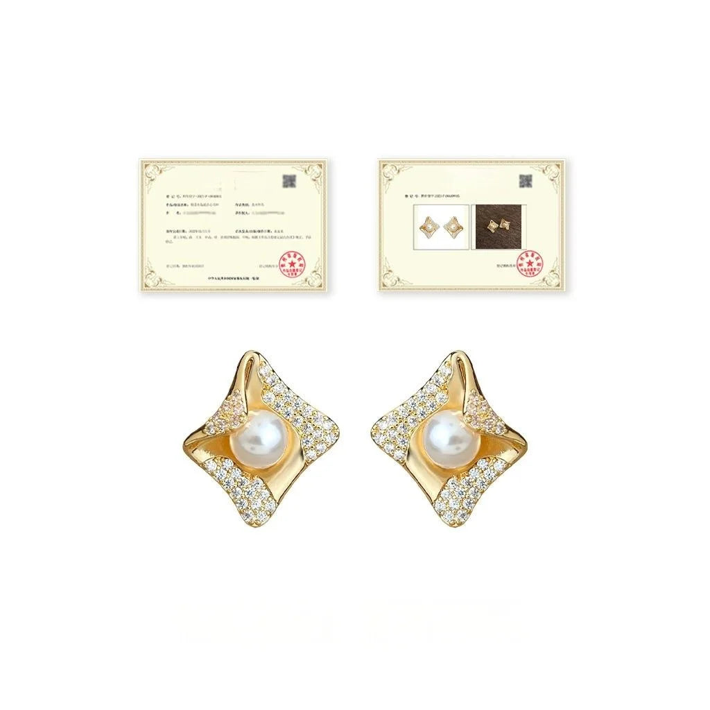 Old Money Geometric Floral Micro Pave Zircon Pearl Copper Stud Earrings