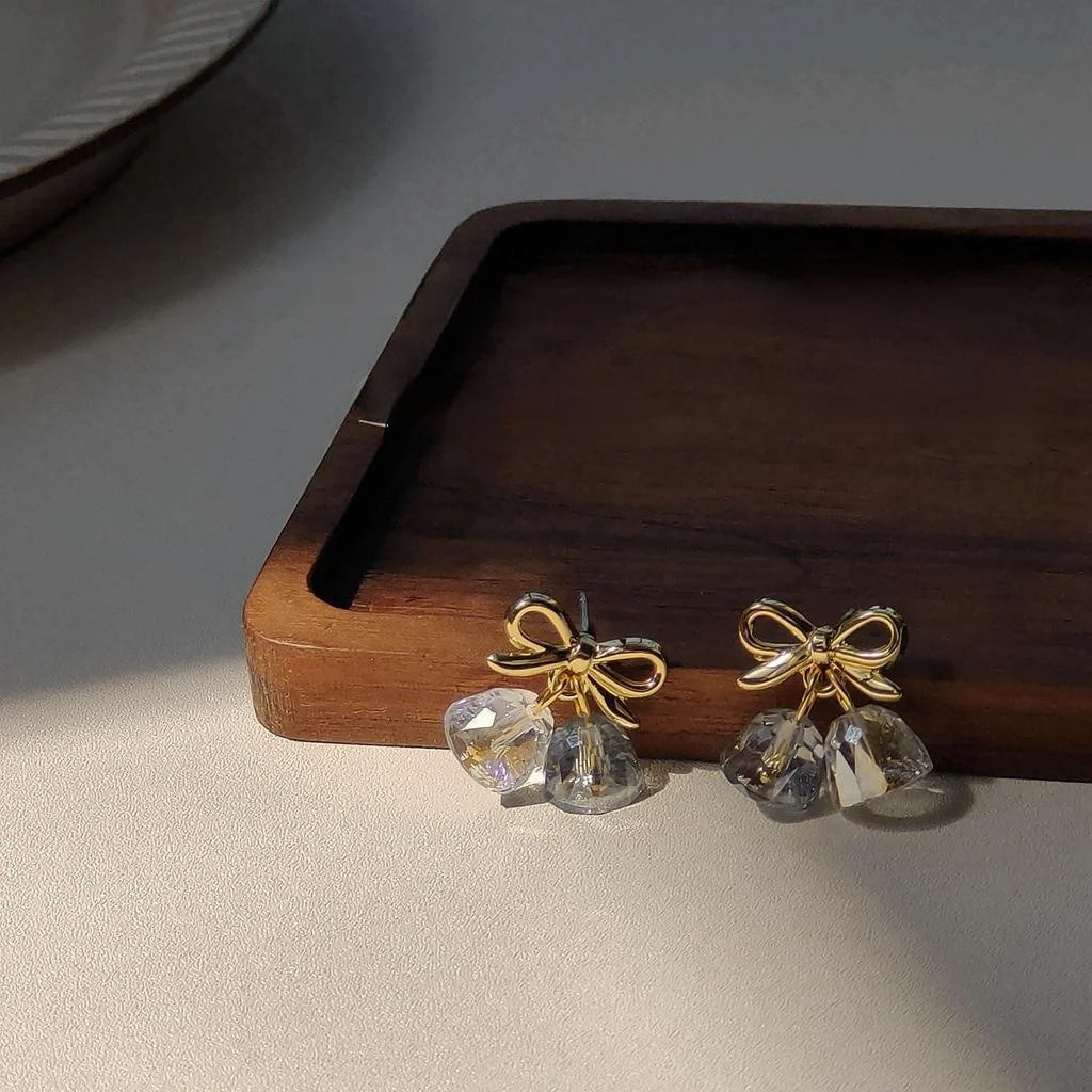 Korean Style 14K Plated Bow Bell Glass Crystal Stud Earrings For Women