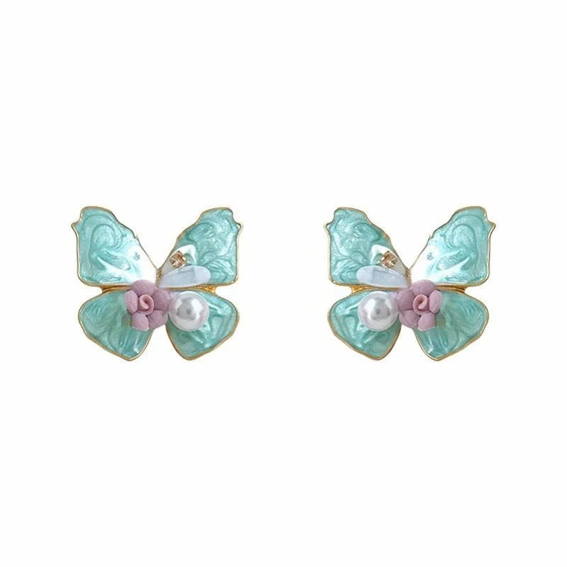 French Romantic Enamel Butterfly Stud Earrings Resin Ceramic Pearl Sweet Oil Painting Statement Jewelry