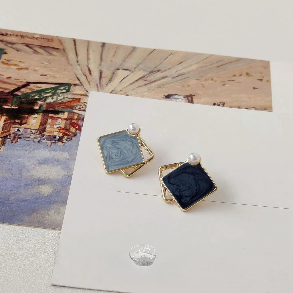 14K Plated Alloy Blue Enamel Asymmetric Square Stud Earrings Vintage Hong Kong Style