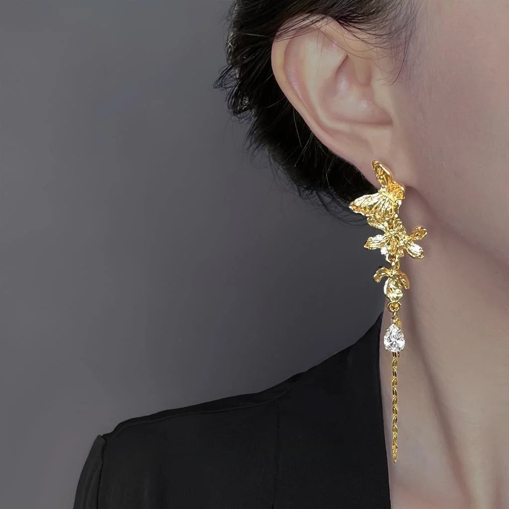 Luxury Copper Butterfly Tassel Drop Earrings Long Teardrop Convertible Statement Jewelry