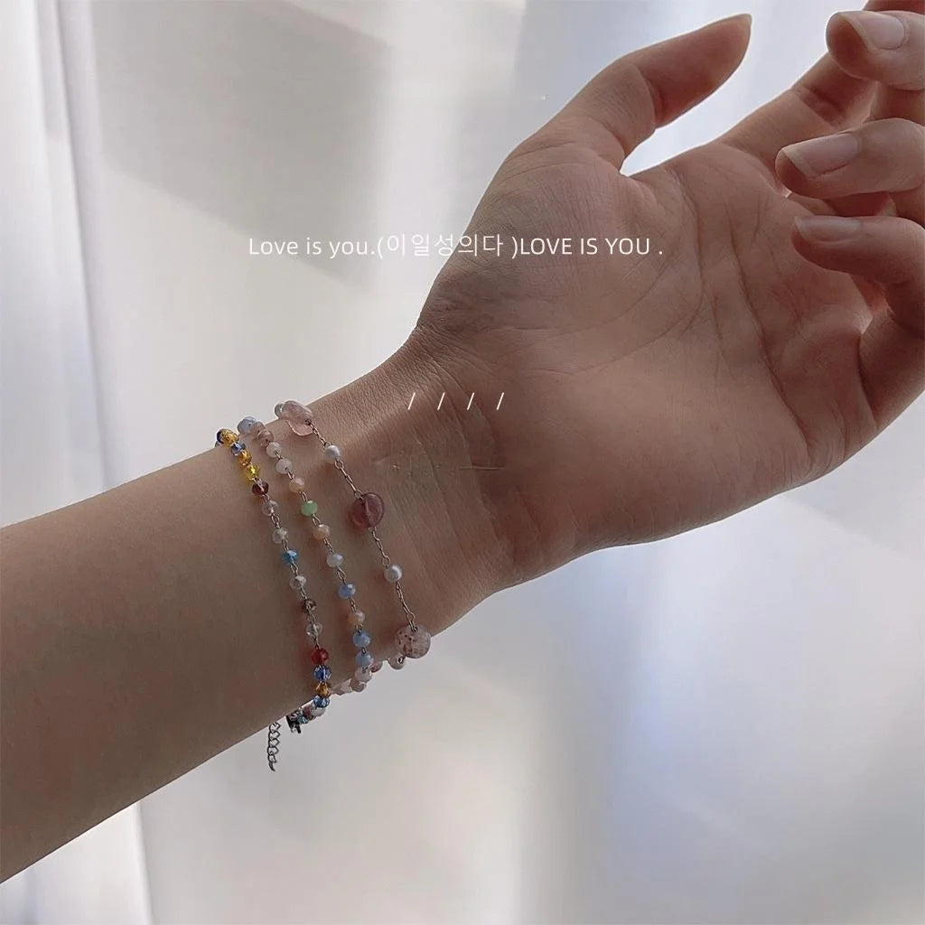 Japanese Korean Style Rainbow Glass Crystal Beaded Steel Tassel Bracelet For Women