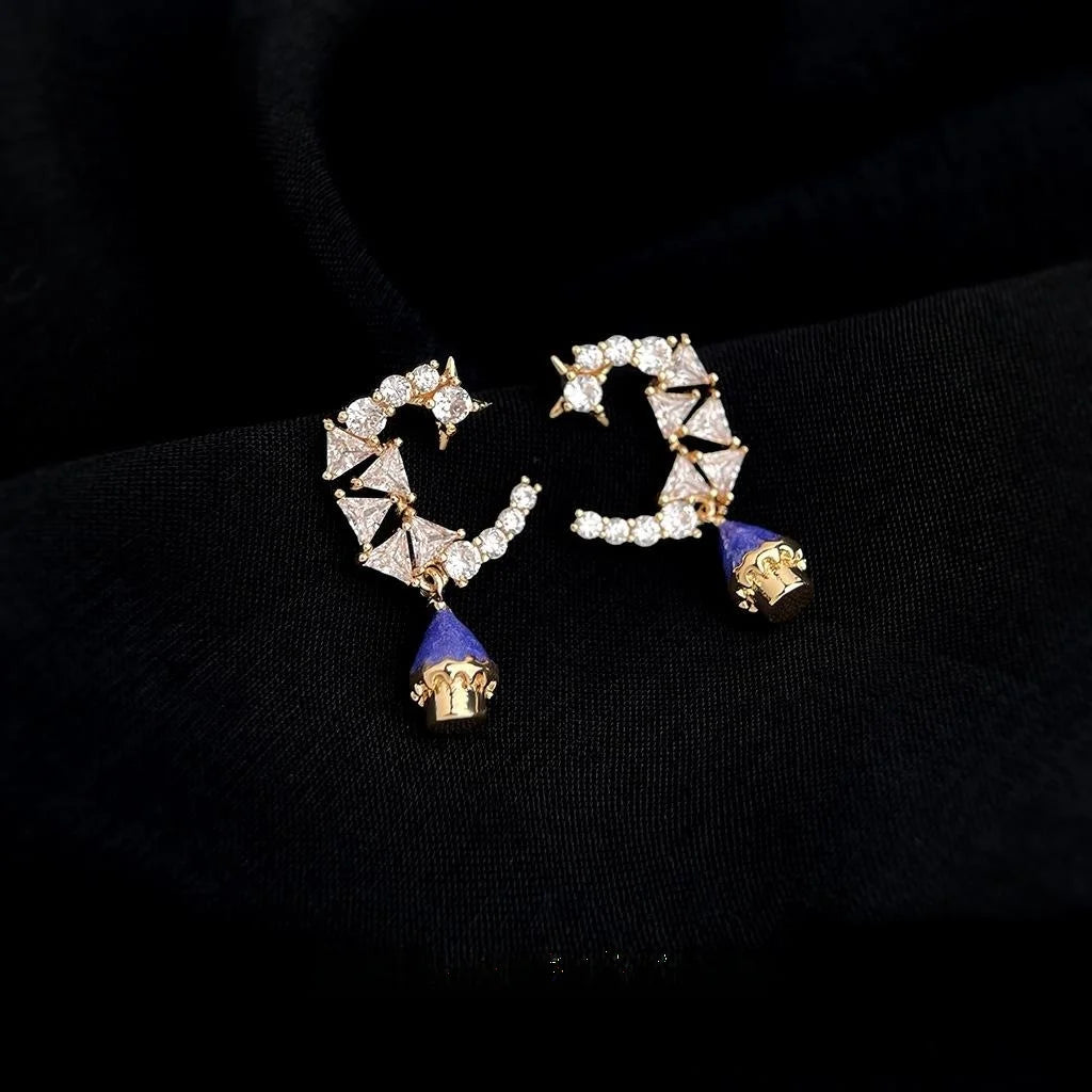 Niche Designer 14K Plated Copper Zircon Moon Castle Star Geometric Drop Earrings