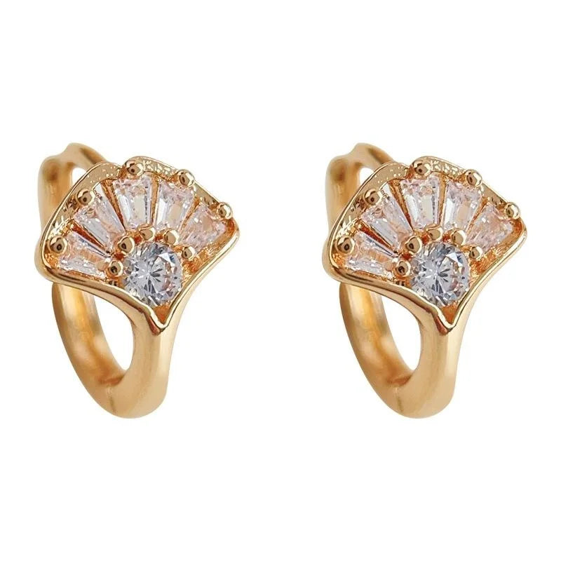 Micro Pave Zircon Copper Ginkgo Leaf Fan Geometric Stud Earrings French Light Luxury