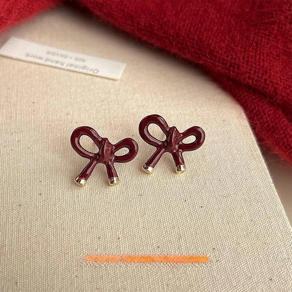 14K Gold Plated Copper Burgundy Enamel Bow Stud Earrings For Women High-End Fashion Jewelry
