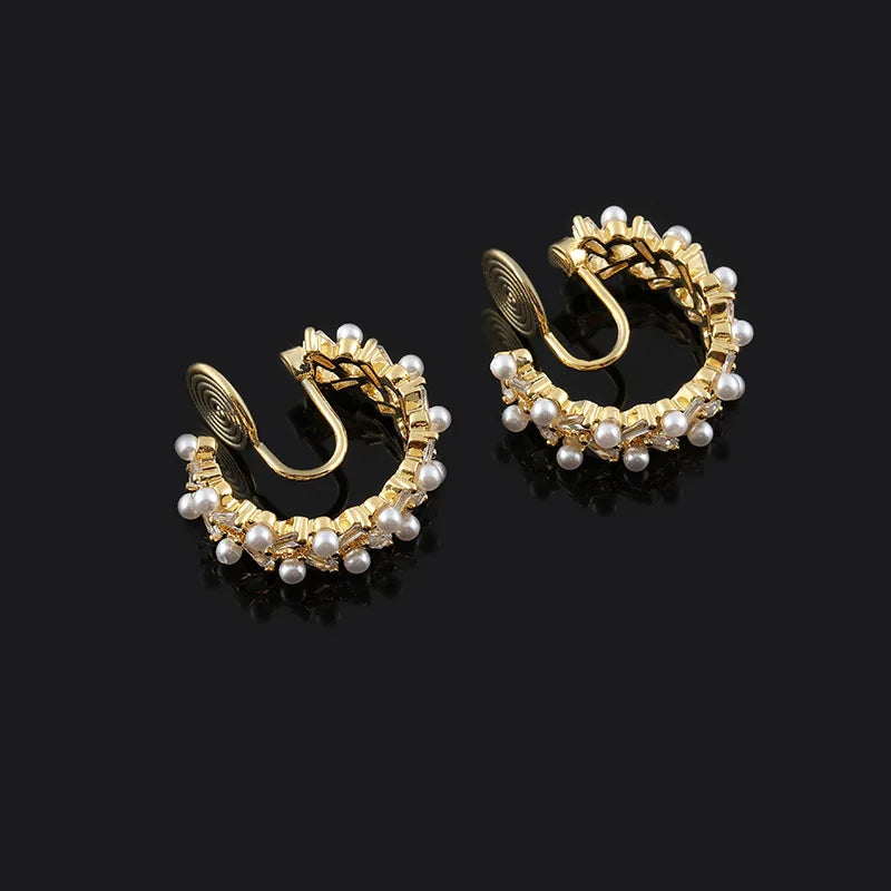 Luxury Gold Tone Spiral Hoop Pearl Zircon Alloy Stud & Clip On No Piercing Commuter Earrings