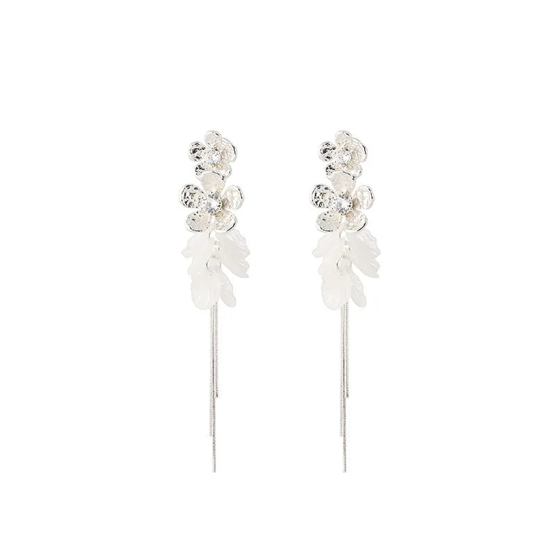 Elegant Alloy Crystal Flower Tassel Drop Stud & Clip On No Piercing Long Chain Statement Earrings