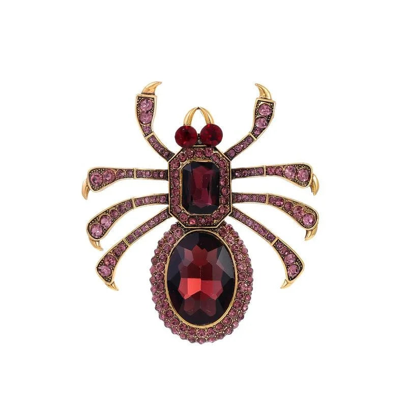 Luxury Big Spider Rhinestone Brooch With Pink Oval Crystal, Elegant Animal Lapel Pin Corsage Gift