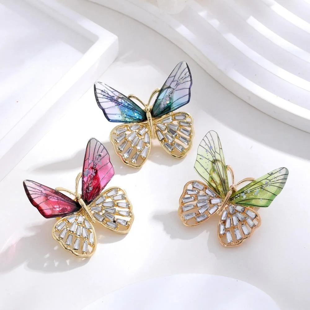 Elegant Butterfly Brooch With Rhinestone And Acrylic Wings, Gold Tone Alloy Lapel Pin Corsage Gift
