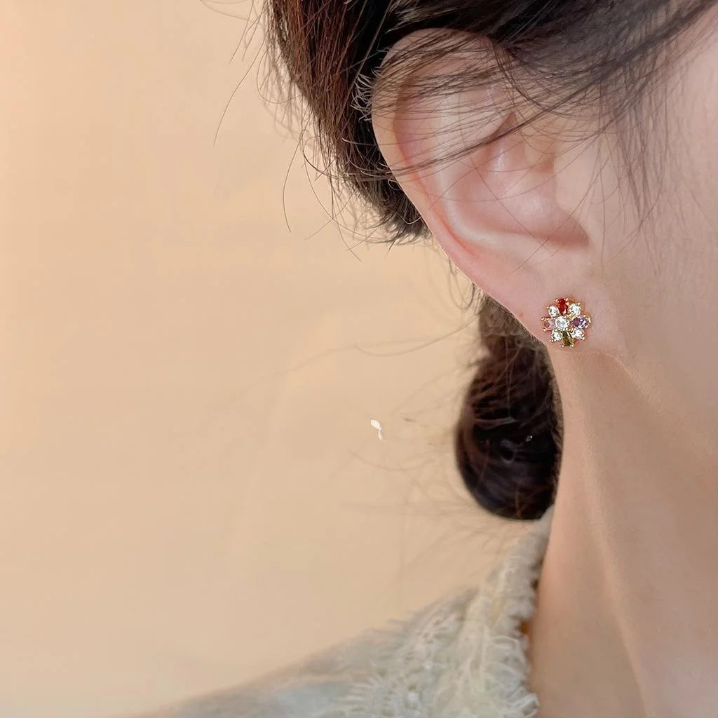 14K Gold Plated Copper Zircon Snowflake Stud Earrings Minimalist Colorful Flower Jewelry