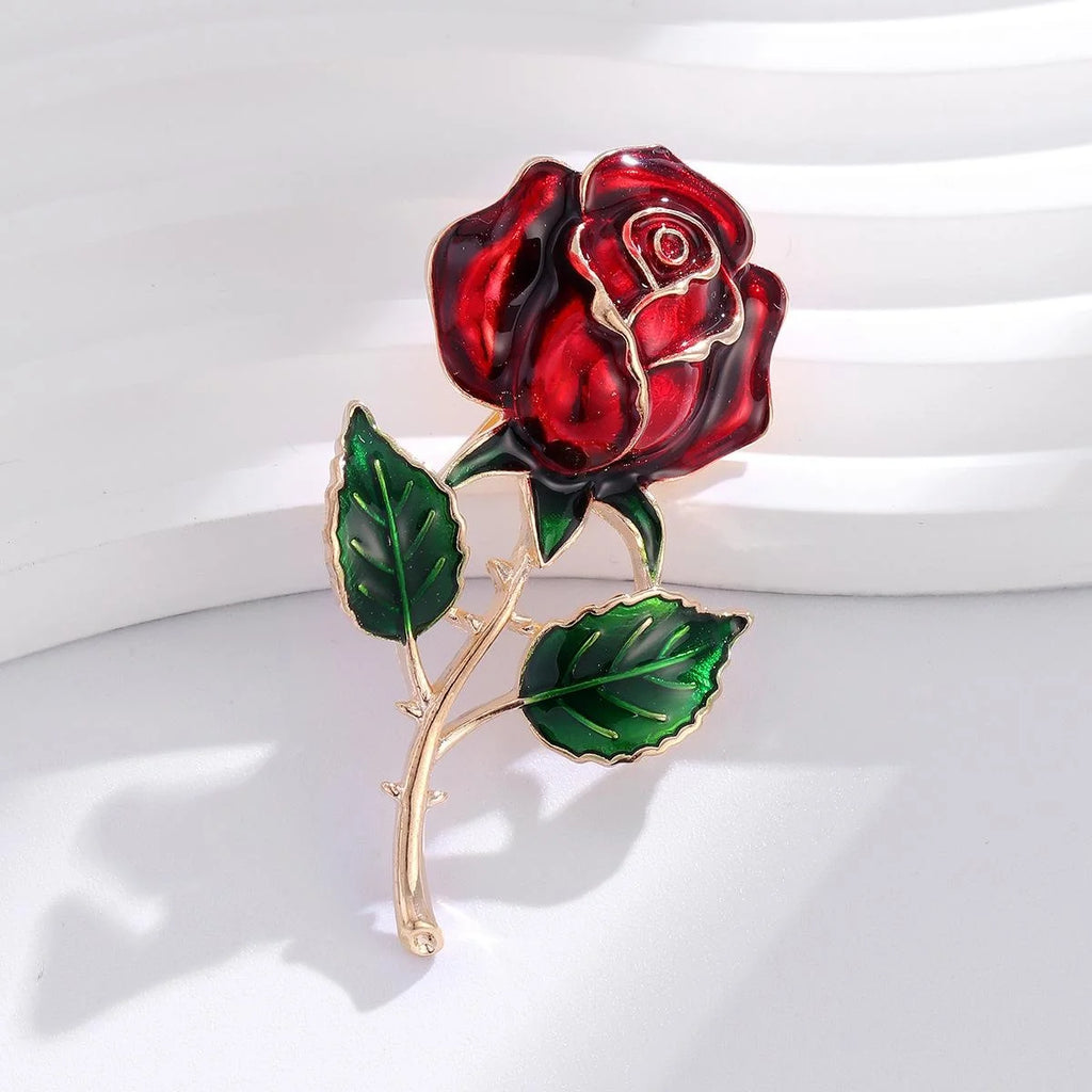 Elegant Red Enamel Rose Flower Brooch With Gold Tone Alloy Stem And Green Leaves Lapel Pin Gift
