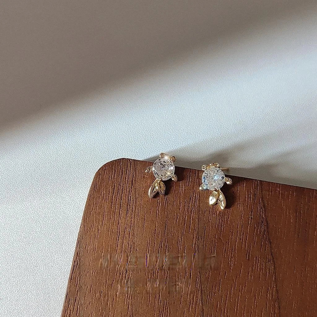 Mini Micro Pave Zircon Goldfish Stud Earrings 14K Gold Plated Copper Cute Animal Jewelry