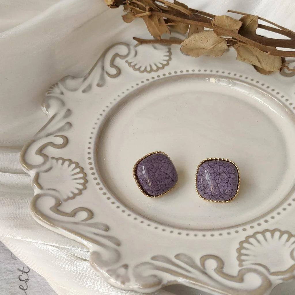 Taro Purple Square Alloy Stud Earrings French Vintage Crackle Geometric Palace Style Jewelry