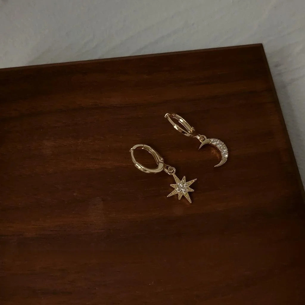 14K Gold Plated Zircon Star Moon Hoop Earrings Korean Minimalist Eight Point Design