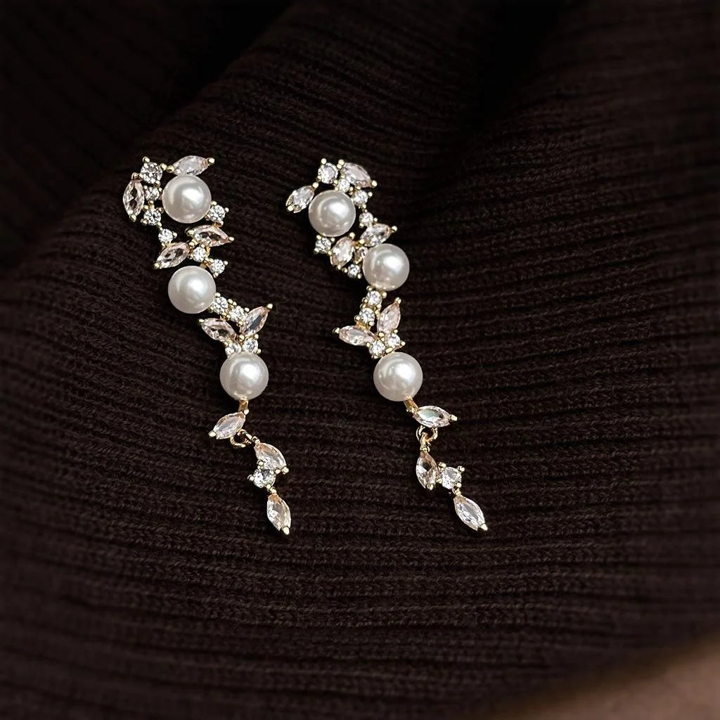 Elegant Copper Zircon Micro Pave Butterfly Floral Leaf Long Tassel Drop Earrings