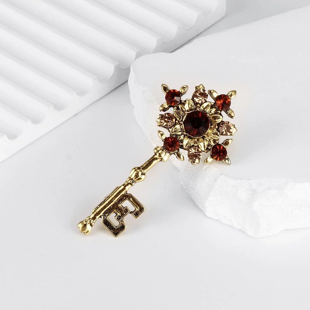 Vintage Gold Alloy Key Brooch With Red Rhinestone Flower, Elegant Women's Lapel Pin Suit Accessory Gift