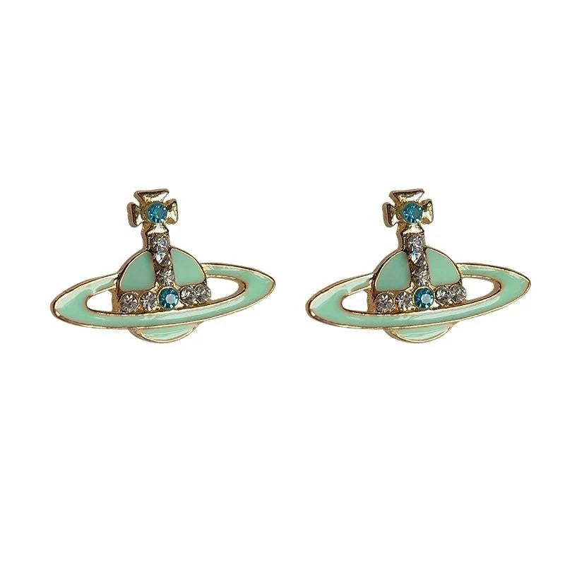 Mint Green Saturn Planet Stud Earrings Copper Drip Glaze Rhinestone Sweet Cool Jewelry