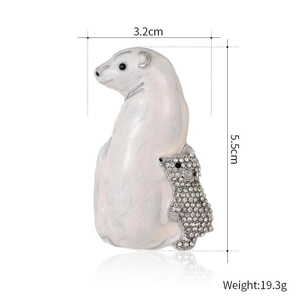 Cute Enamel Polar Bear And Cub Brooch With Rhinestones, Elegant Animal Lapel Pin Gift For Coat