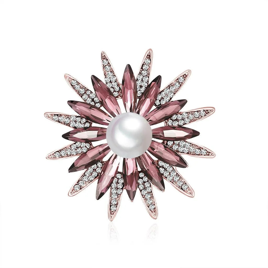 Elegant Sunflower Flower Brooch With Blue Crystal Petals, Pearl Center And Rhinestone Alloy Lapel Pin Gift
