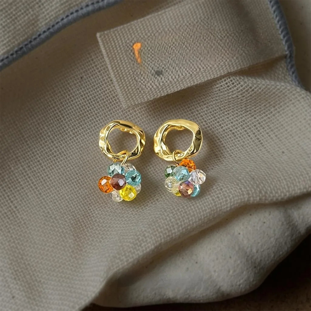 Colorful Glass Crystal Handmade Beaded Geometric Round Sweet Candy Stud Earrings