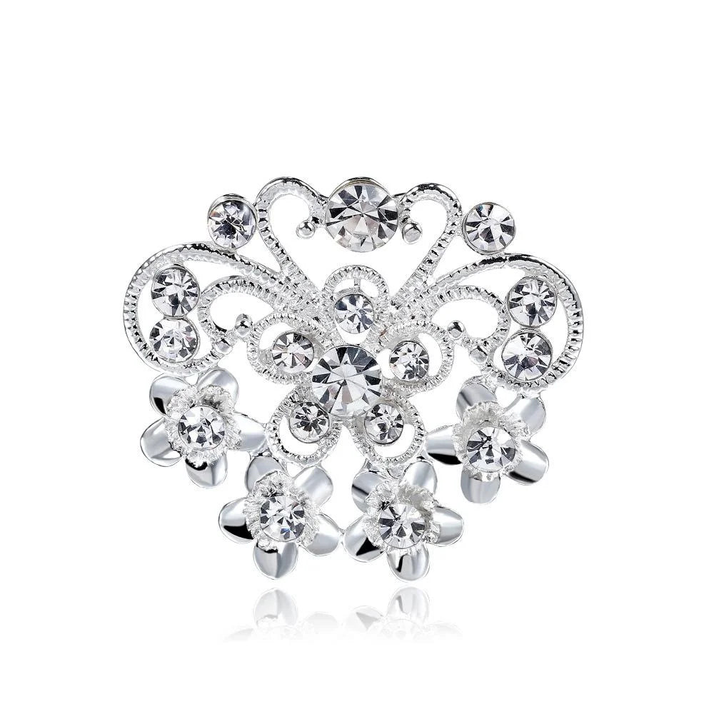 Elegant Small Butterfly Rhinestone Alloy Brooch, Sparkling Silver Floral Lapel Pin Corsage Gift
