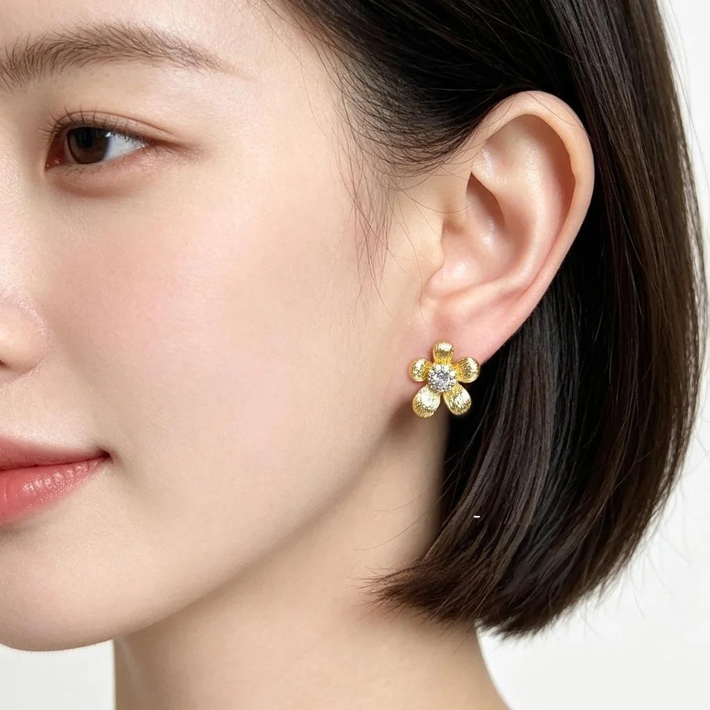 14K Plated Copper Micro Pave Zircon Flower Stud Earrings Sweet Elegant Floral Jewelry