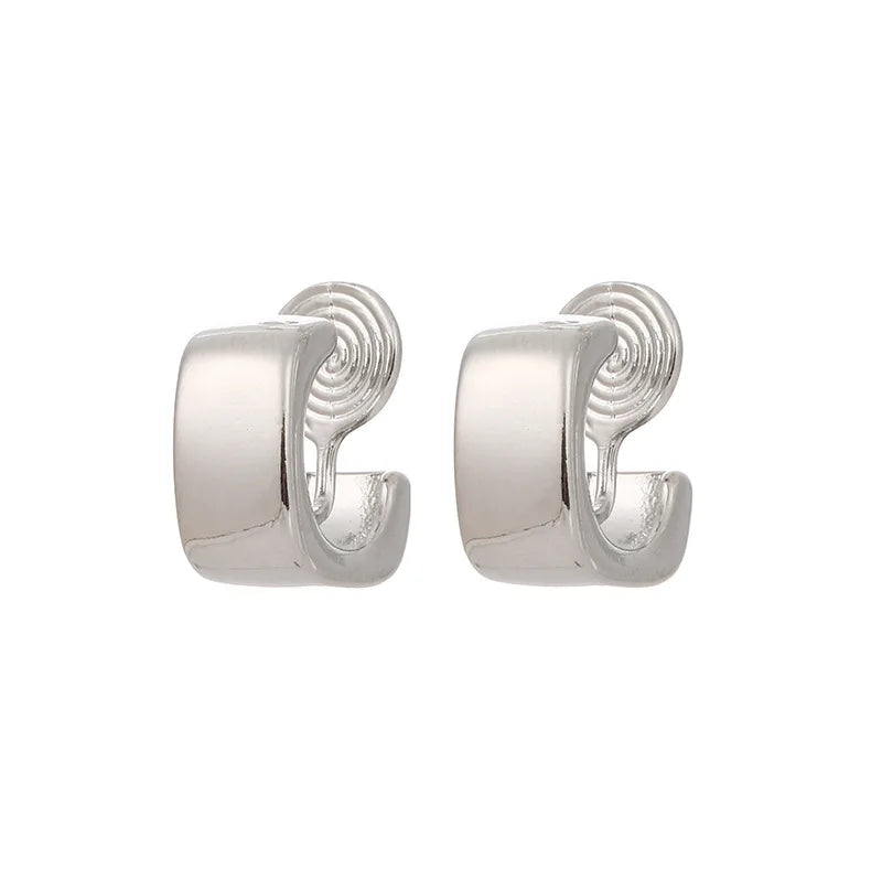 Elegant Silver Alloy Square Hoop With Spiral Disc Stud & Clip On No Piercing Minimalist Wide Huggie Earrings