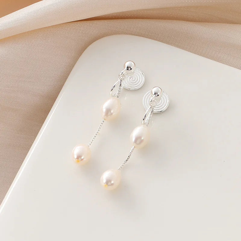 Elegant Freshwater Pearl Chain Tassel Spiral Disc Stud & Clip On No Piercing Long Drop Earrings