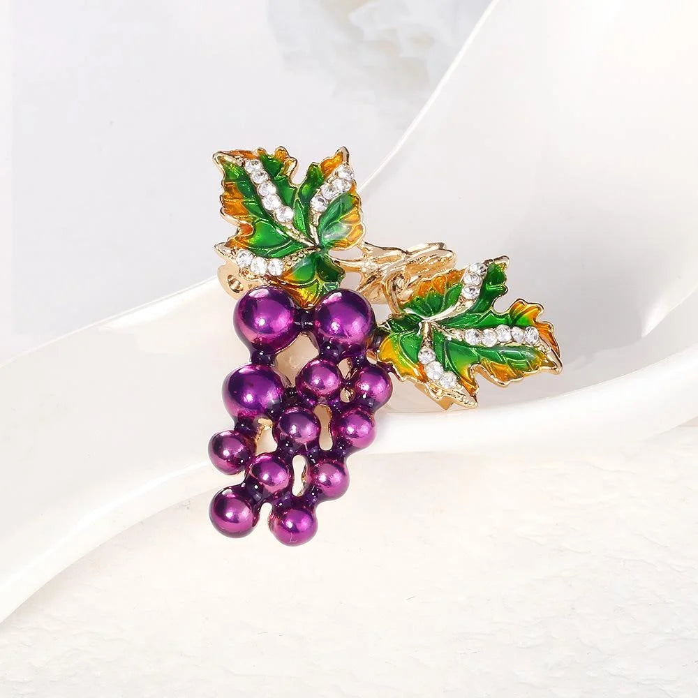 Elegant Purple Grape Brooch With Enamel Leaves And Rhinestones, Alloy Fruit Lapel Pin Suit Accessory Gift