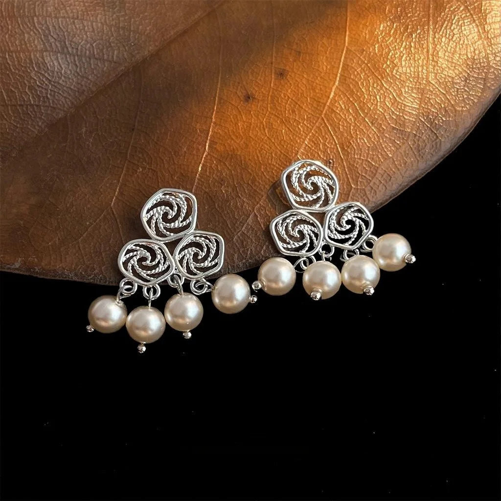 Auspicious Cloud Geometric Hollow Copper Glass Pearl Drop Earrings