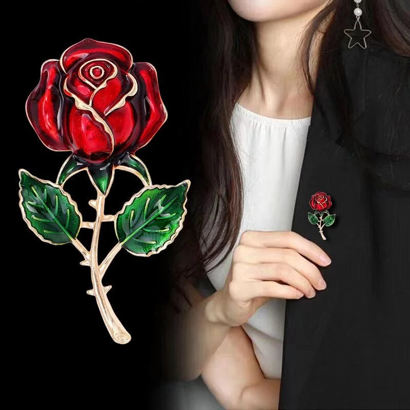 Elegant Red Enamel Rose Flower Brooch With Gold Tone Alloy Stem And Green Leaves Lapel Pin Gift