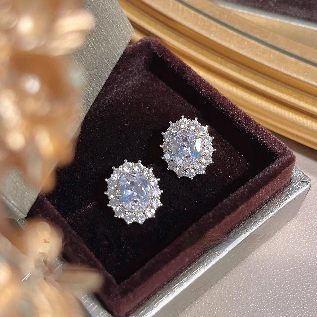 French Style Luxury Micro Pave Zircon Oval Copper 14K Plated Stud Earrings