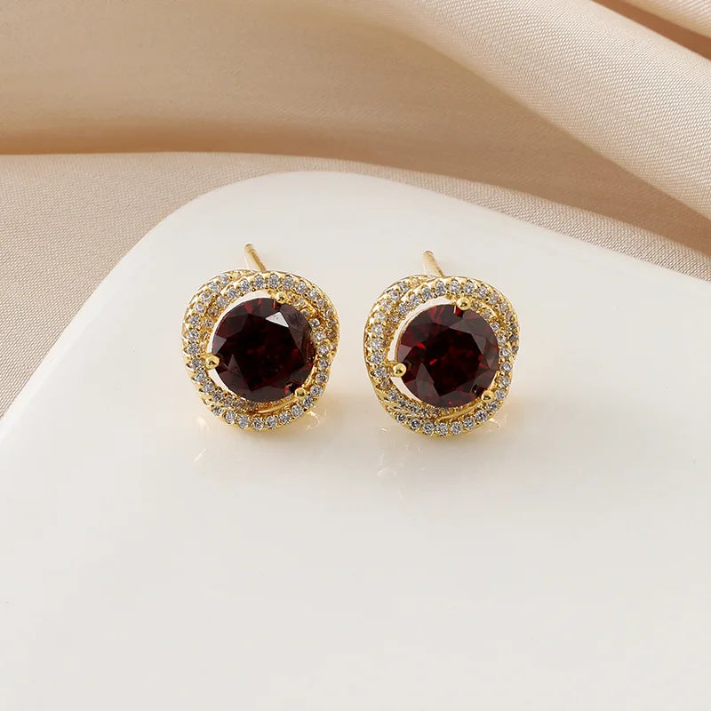 Elegant Round Deep Red Zircon Halo Stud & Clip On No Piercing Gold Alloy Luxury Party Earrings