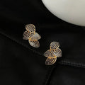 14K Gold Plated Copper Leaf Stud Earrings, Micro Pave Zircon Light Luxury Jewelry