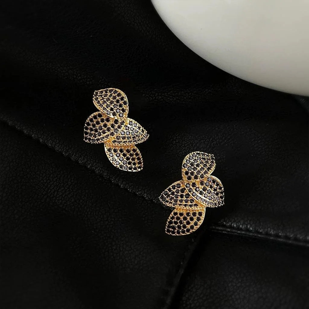 14K Gold Plated Copper Leaf Stud Earrings, Micro Pave Zircon Light Luxury Jewelry