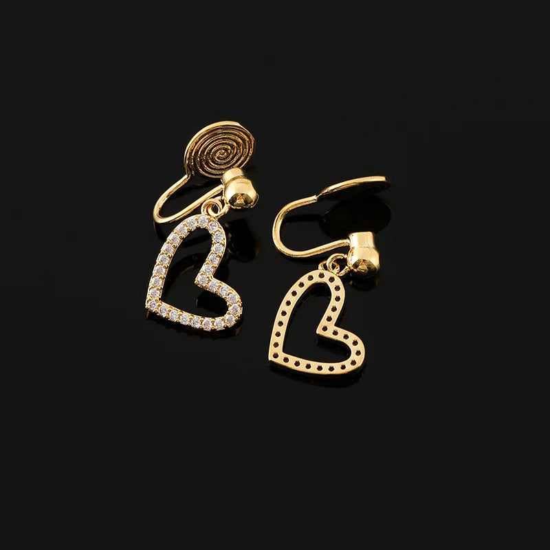 Elegant Zircon Paved Gold Heart Drop Stud & Clip On No Piercing Sweet Alloy Dangle Earrings