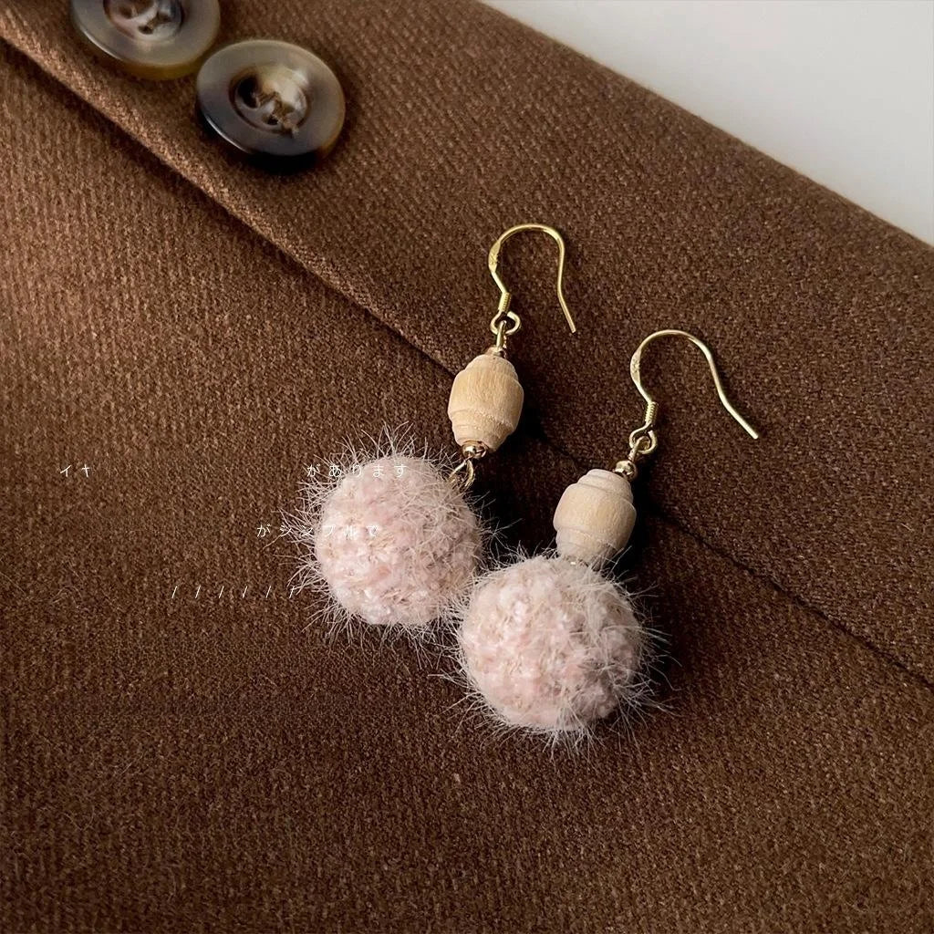 High-End Sweet Winter Plush Pom Pom Copper Drop Earrings With Wooden Round Geometric Design