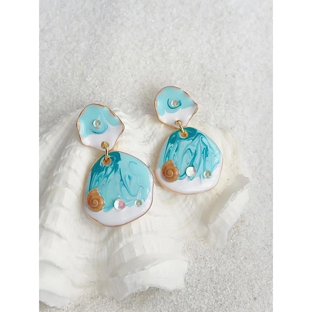 Blue Ocean Handmade Drip Glaze Copper Drop Earrings Irregular Geometric Resort Style Jewelry