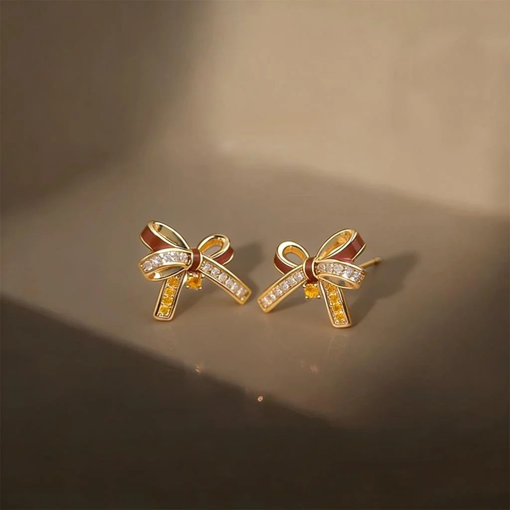 Burgundy Bowknot Micro Pave Zircon Copper Stud Earrings Elegant Fashion Jewelry