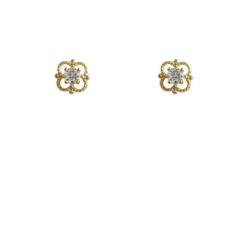 Korean Japanese Style Copper Zircon Flower Mini Stud Earrings For Women Daily Wear