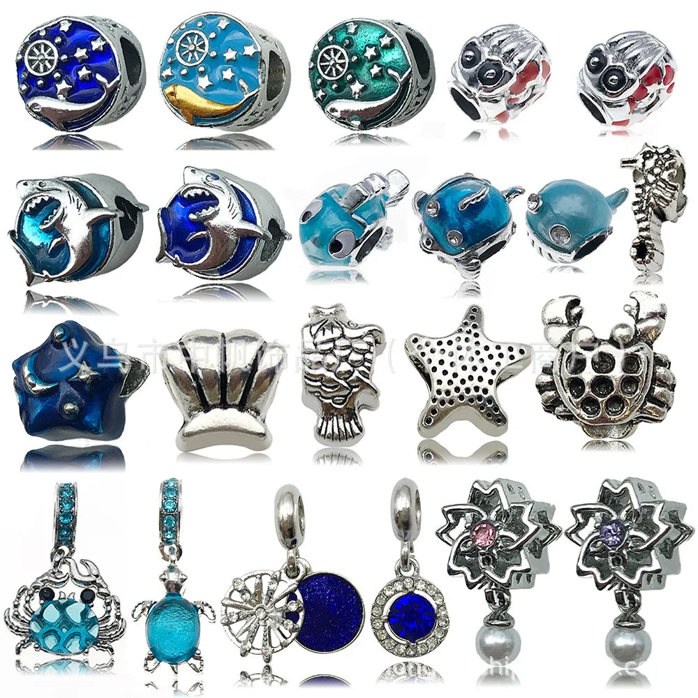 Blue Enamel Zinc Alloy Starfish Seahorse Crab Beads and Beads for DIY Bracelet