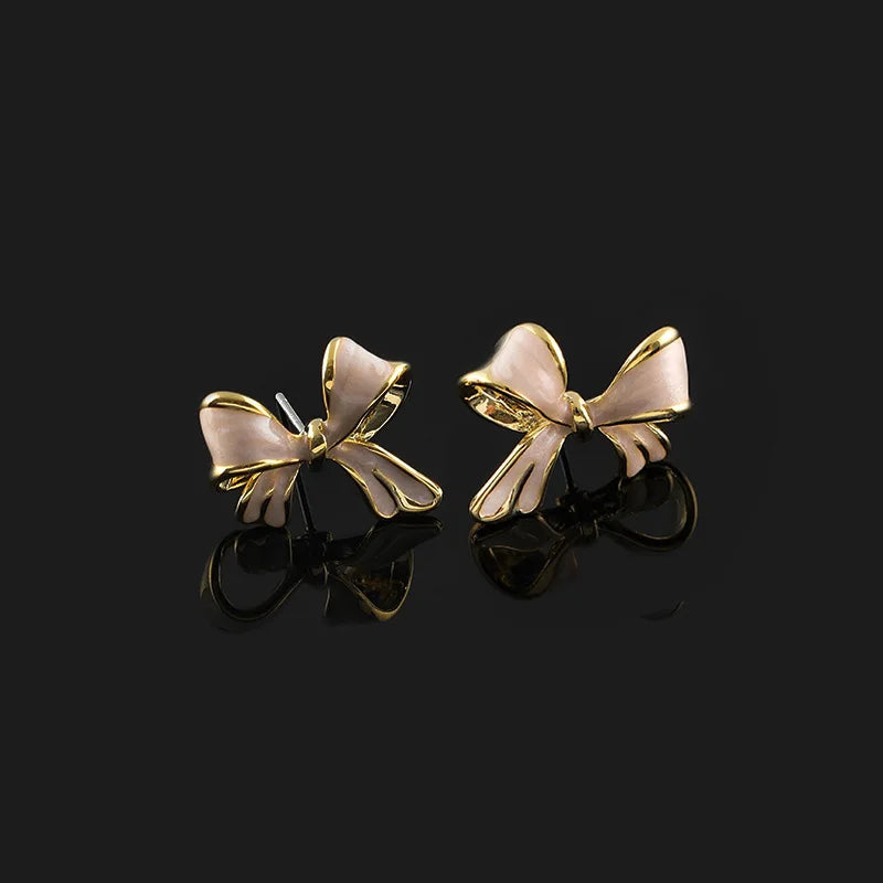 Elegant Enamel Bow Knot Alloy Stud & Clip On No Piercing Gold Tone Niche Design Women's Earrings