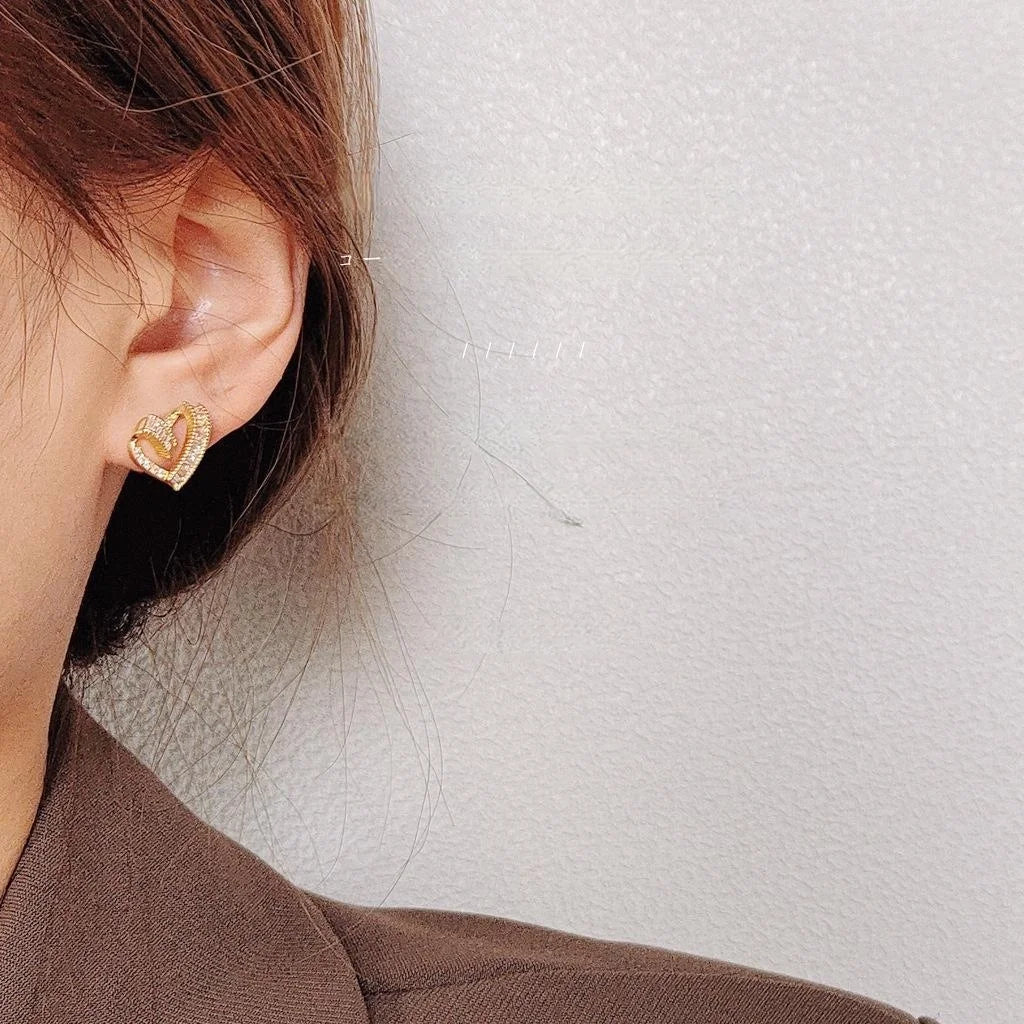 French Vintage 14K Plated Copper Irregular Heart Zircon Stud Earrings For Women