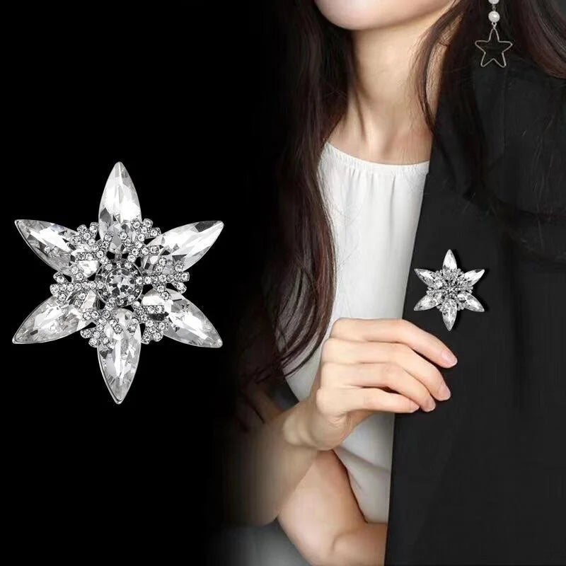 Luxury Crystal Glass Snowflake Brooch With Rhinestones, Elegant Lapel Pin Corsage Suit Accessory Gift