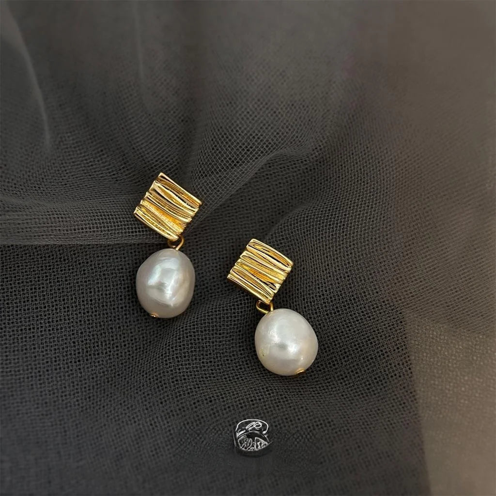 14K Gold Plated Copper Baroque Freshwater Pearl Geometric Drop Earrings Handmade Wrinkle Design