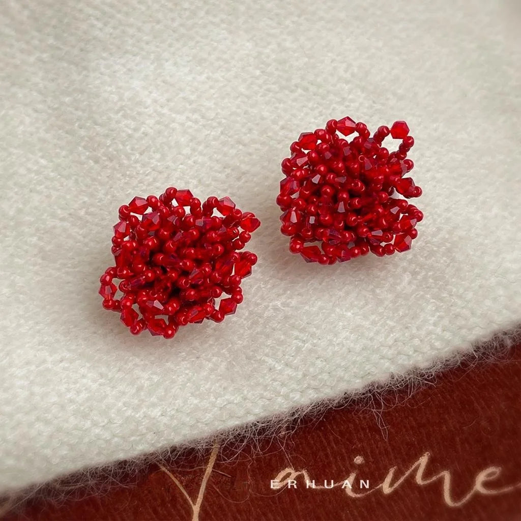 Handwoven Red Glass Crystal Flower Drop Earrings, Copper Seed Bead Designer Luxury Jewelry