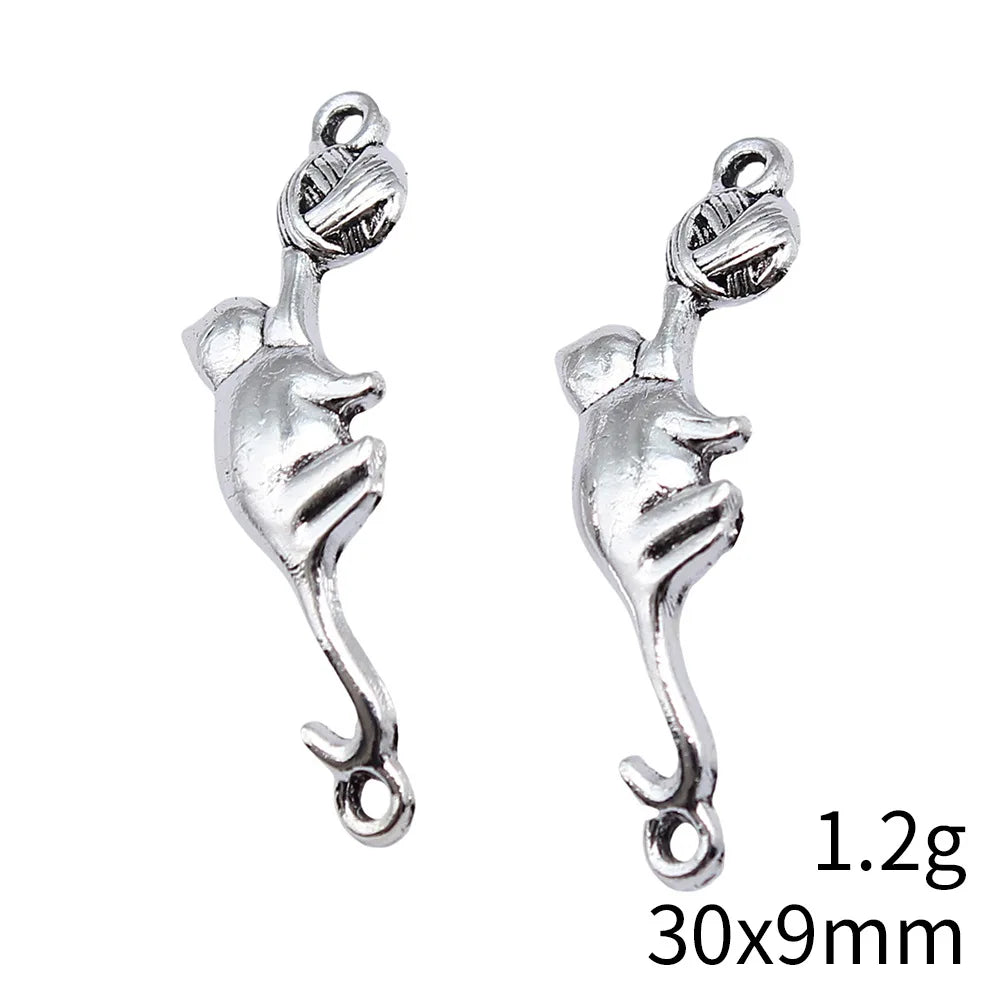 30x9mm 1.2g Antique Silver Zinc Alloy Cat Playing Yarn Ball Connector Charm for DIY Jewelry