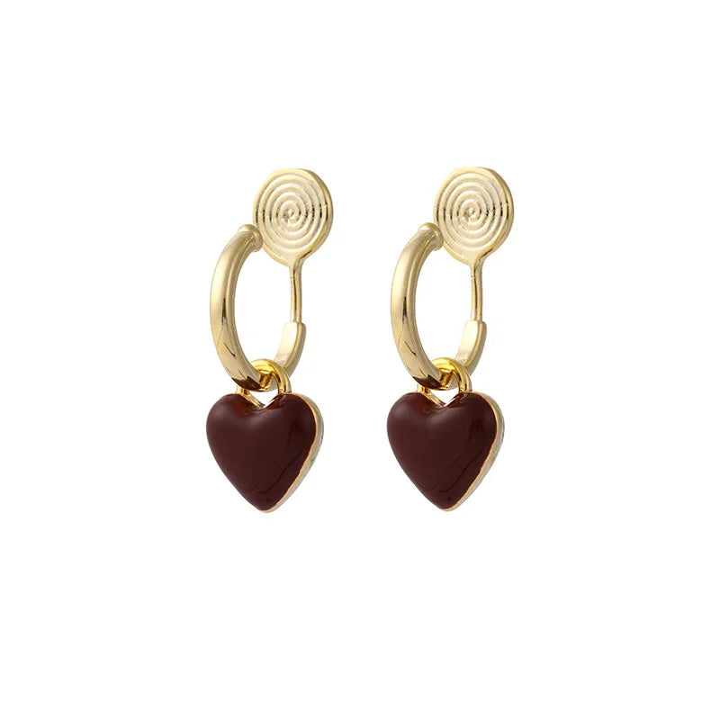 Vintage Red Enamel Heart Gold Alloy Hoop Stud & Clip On No Piercing Hong Kong Style Earrings